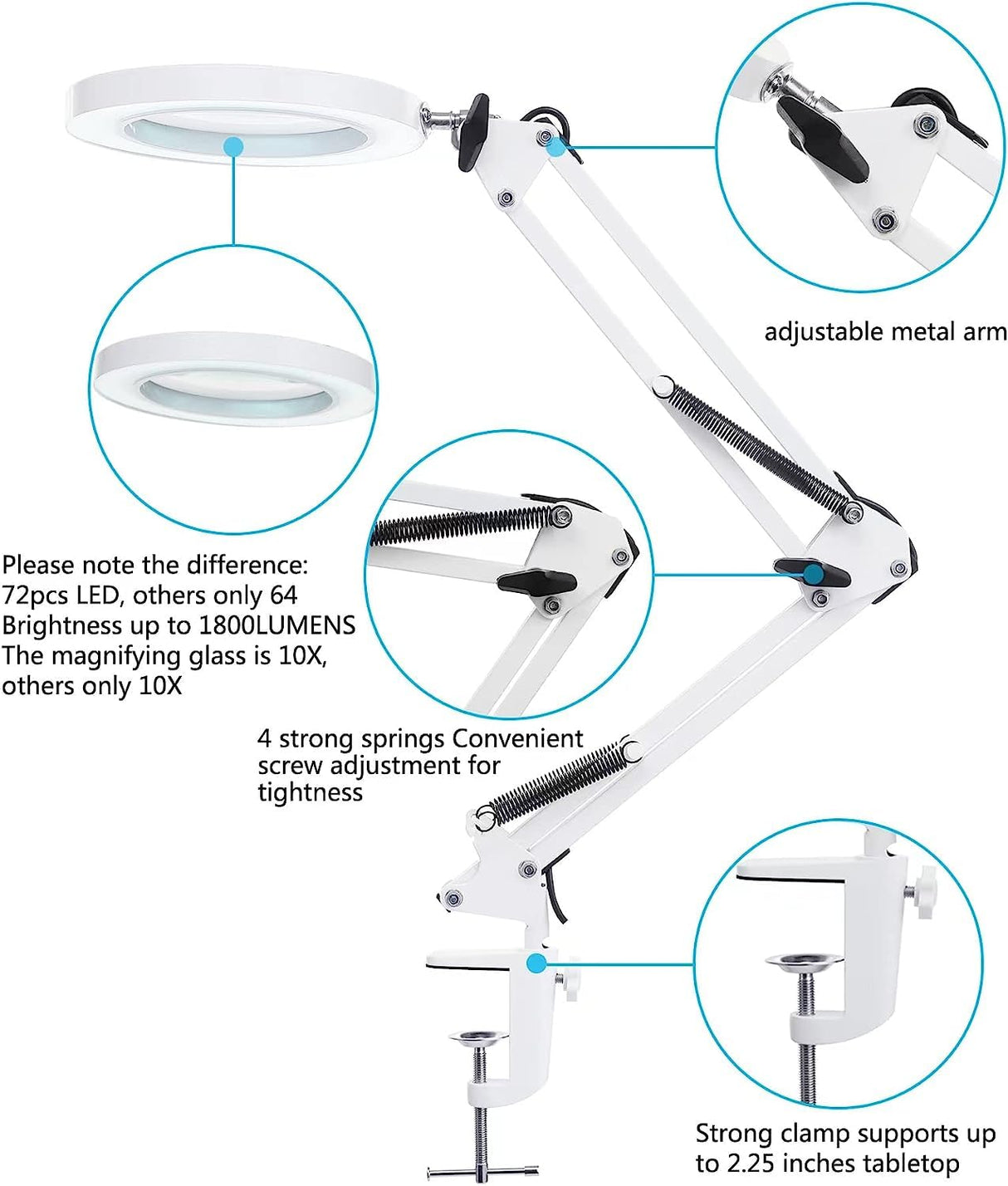 SCHOFIC 10X LED Magnifying Lamp with Clamp, 8-Diopter, Stepless Dimmable,Adjustable Swivel Arm -White