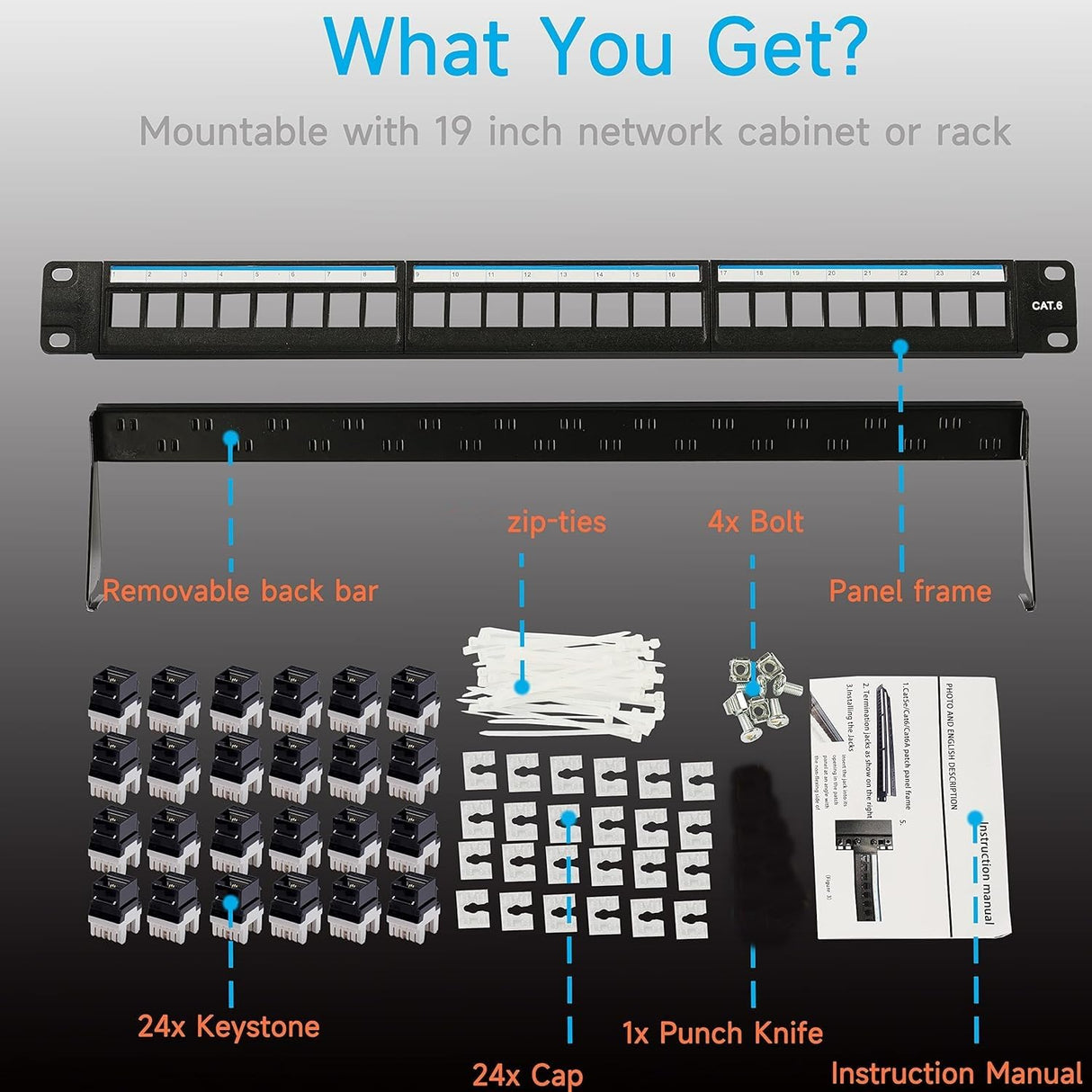 SCHOFIC CAT-6 लोडेड हाफ-U शील्डेड 24-पोर्ट पैच पैनल 19" रैक माउंट