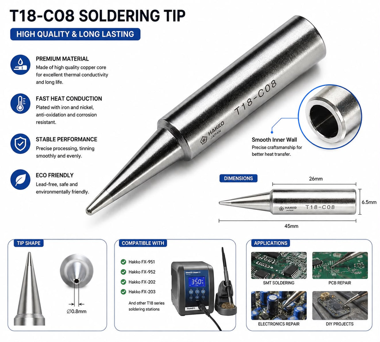 Hakko T18-C08 Bevel Shape Tip, Soldering Iron Bit