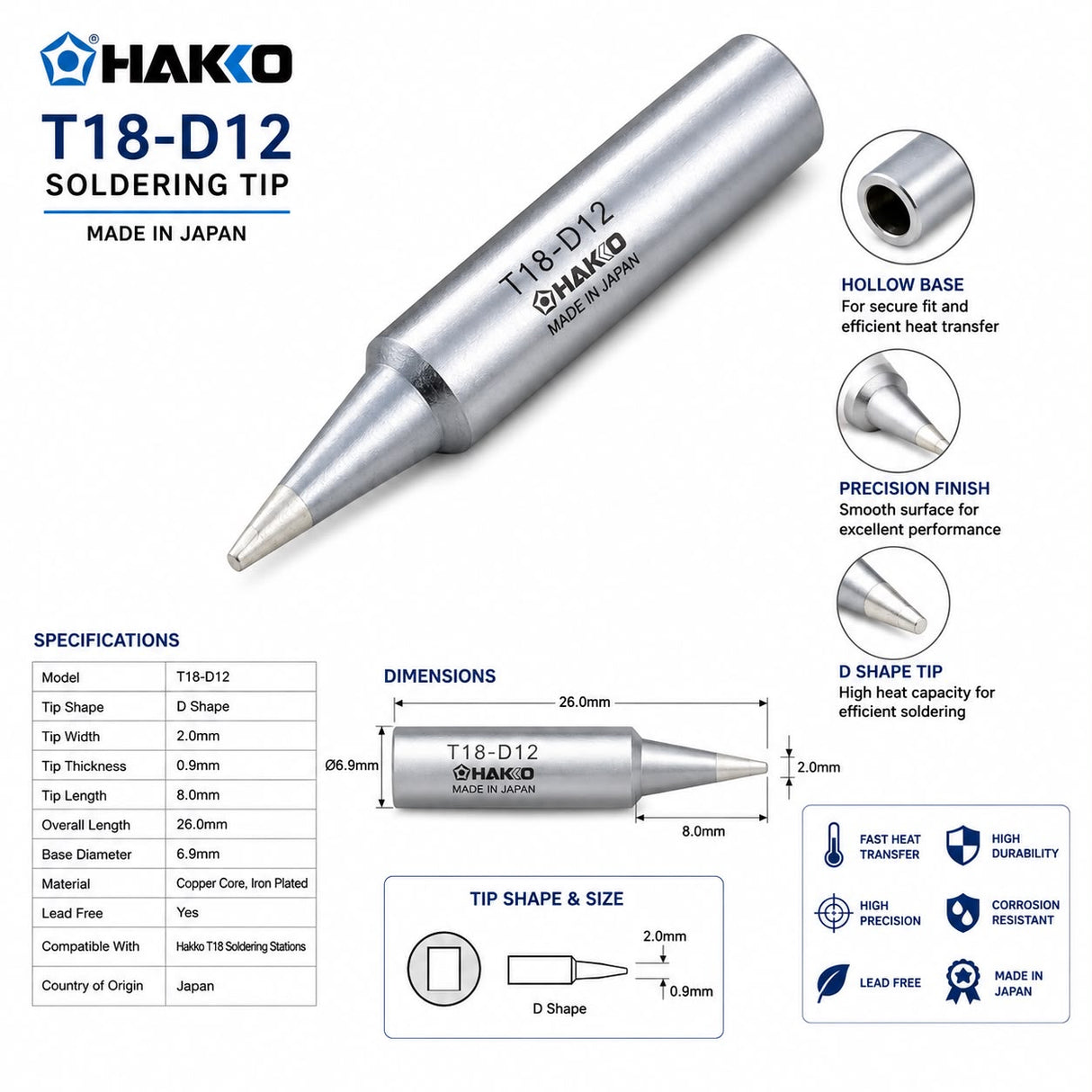 Hakko T18-D12 Chisel Tip, Soldering Iron Bit Made In Japan