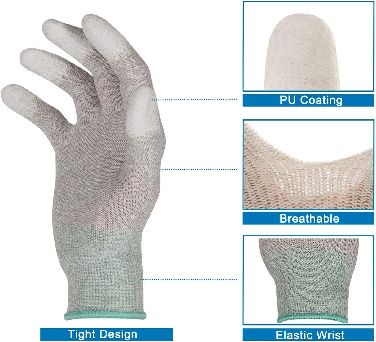 SCHOFIC Anti-Static ESD Safe Top Fit PU Hand Gloves- Grey