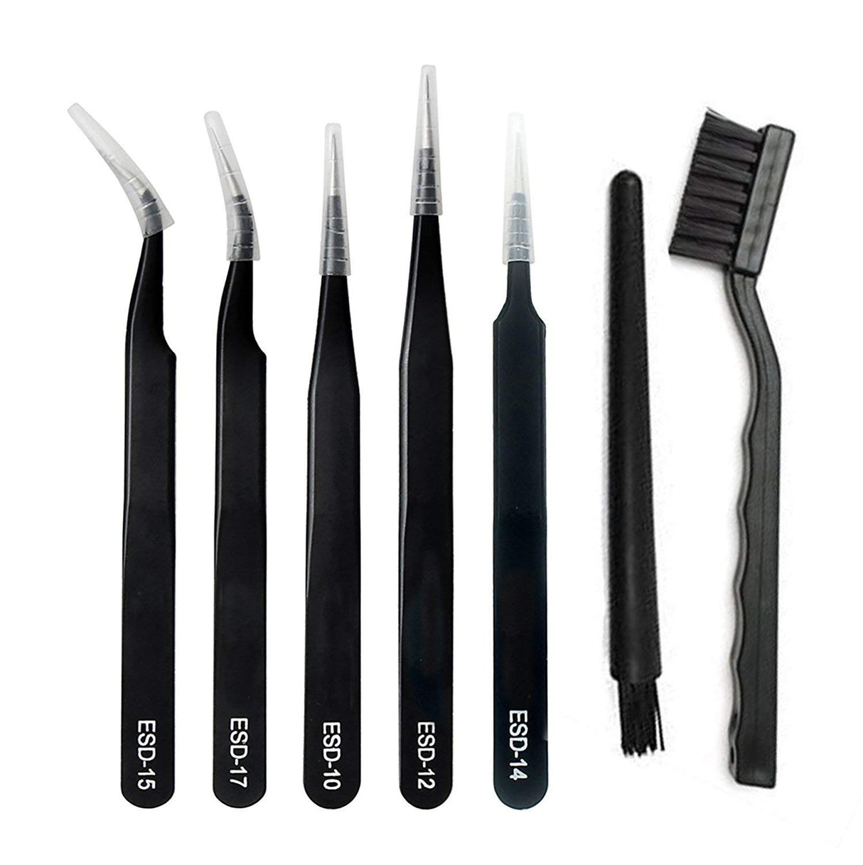 SCHOFIC 7 Pcs ESD Anti-Static Tool Tweezers Set, Made of Stainless Steel With ESD Brush - Black
