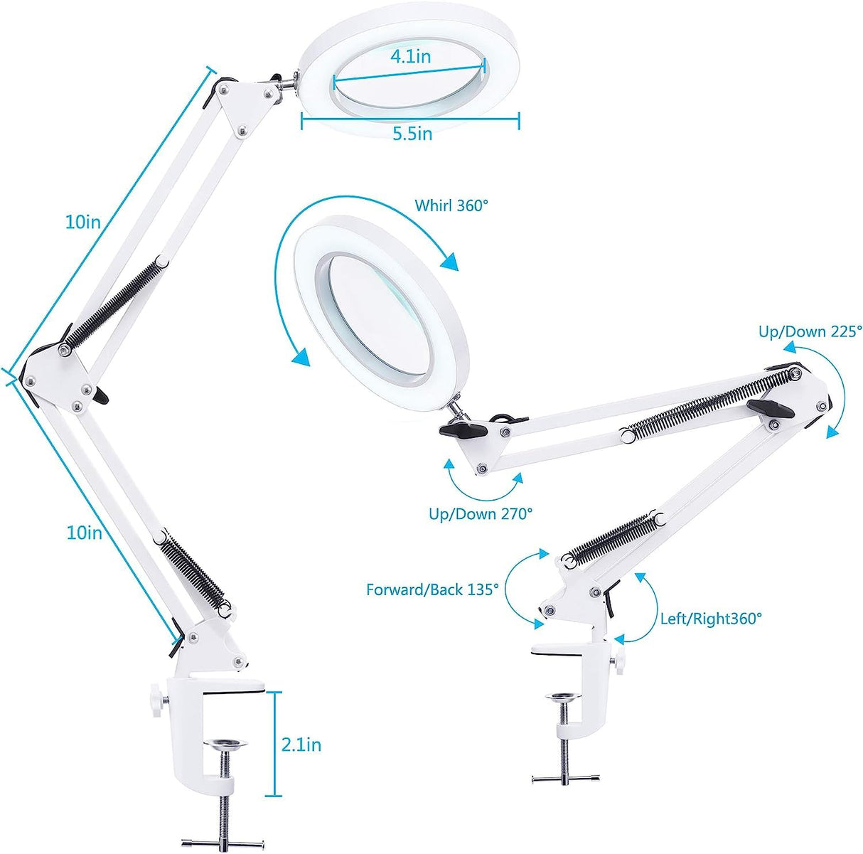 SCHOFIC 10X LED Magnifying Lamp with Clamp, 8-Diopter, Stepless Dimmable,Adjustable Swivel Arm -White