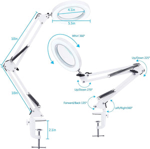 SCHOFIC 10X LED Magnifying Lamp with Clamp, 8-Diopter, Stepless Dimmable,Adjustable Swivel Arm -White