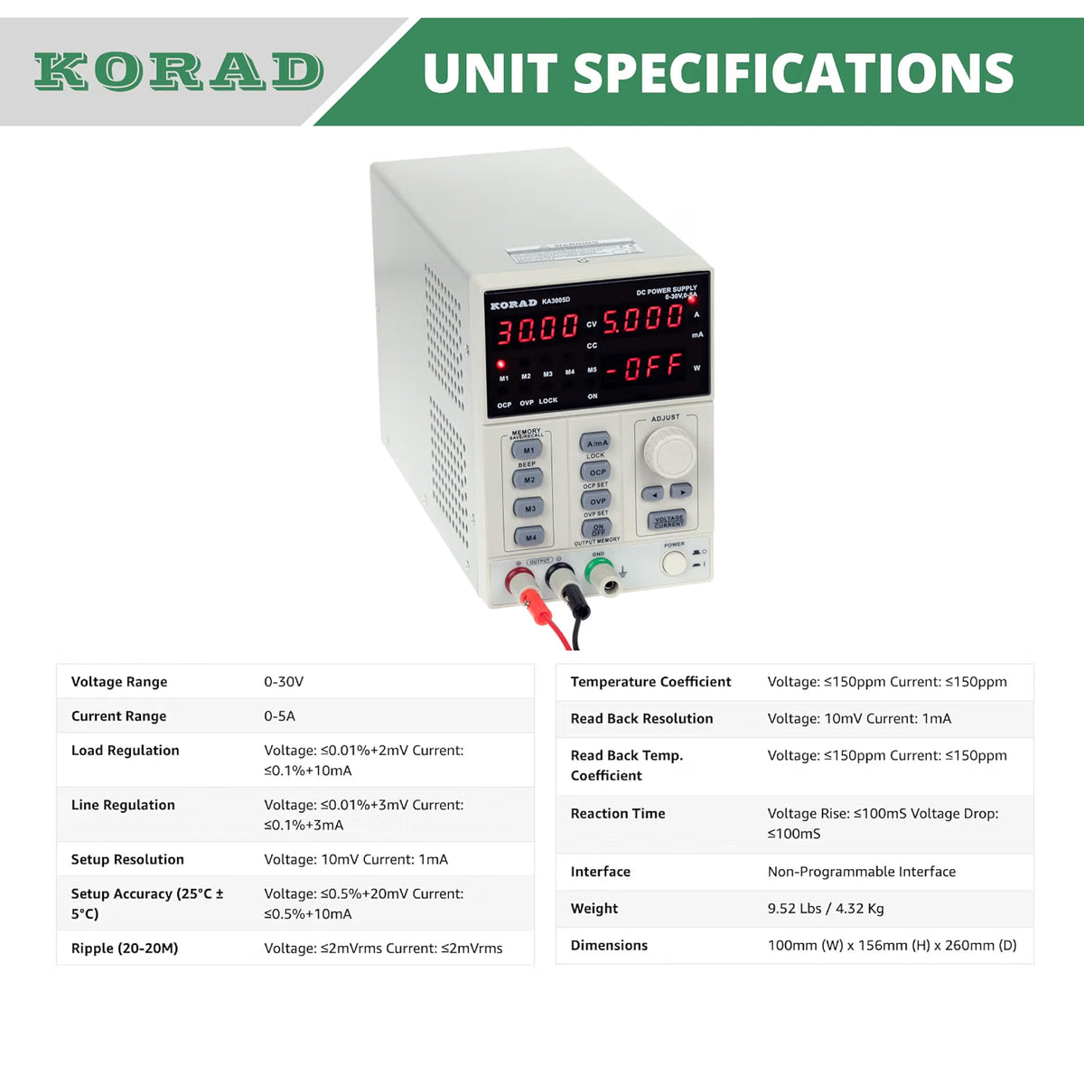 Korad KA3005D - Precision Variable Adjustable 30V, 5A DC Linear Power Supply Digital Regulated Lab Grade