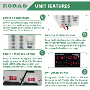 Korad KA3005D - Precision Variable Adjustable 30V, 5A DC Linear Power Supply Digital Regulated Lab Grade