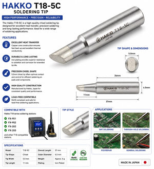 Hakko T18-C5 Bevel Shape Tip, Soldering Iron Bit
