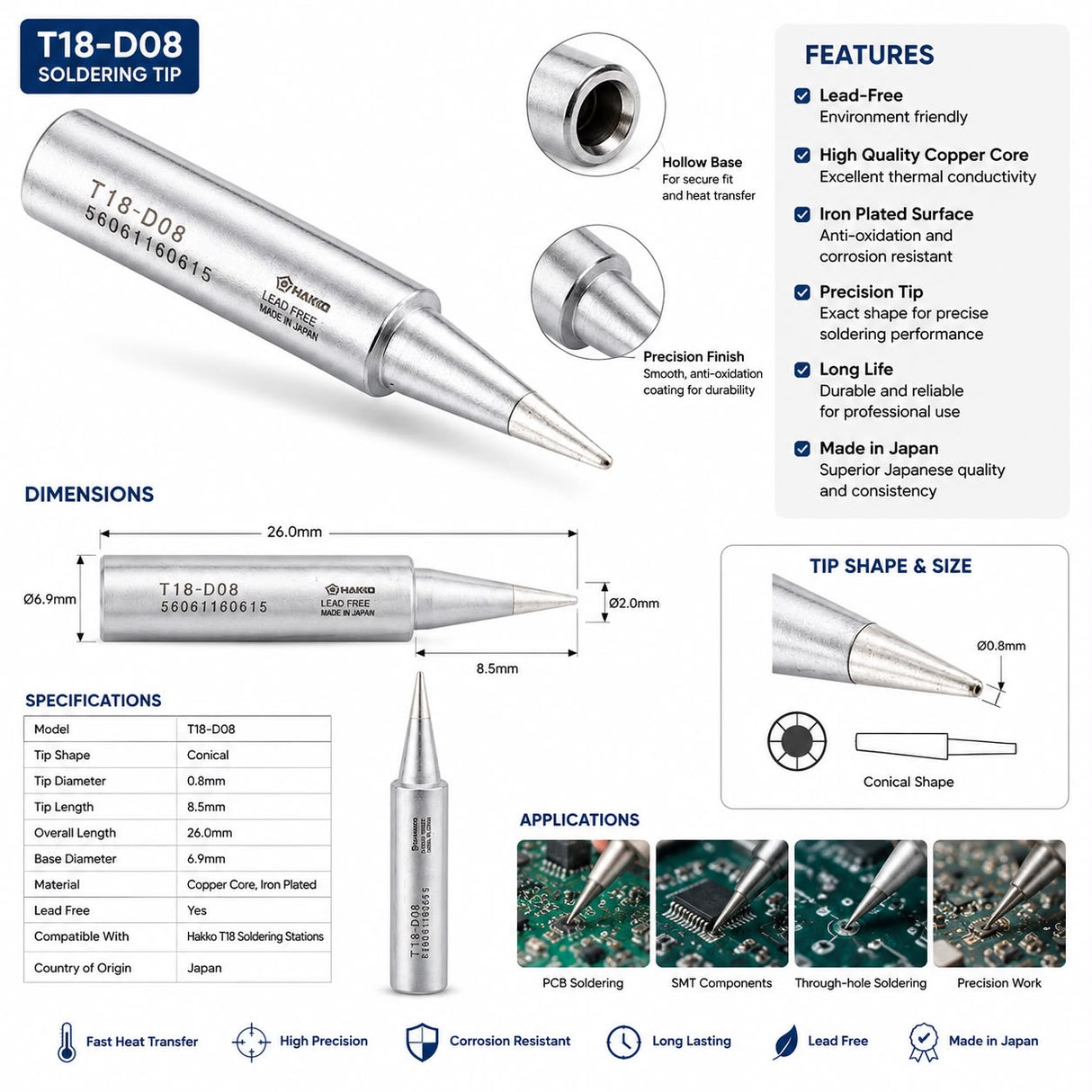 Hakko T18-D08 Chisel Tip, Soldering Iron Bit