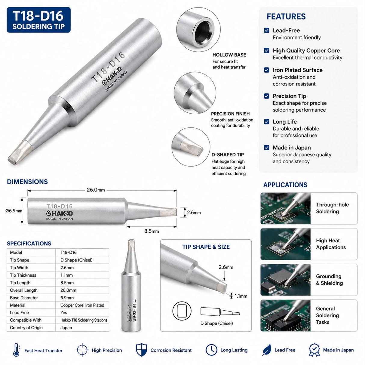 Hakko T18-D16 Chisel Shape Tip, Soldering Iron Bit