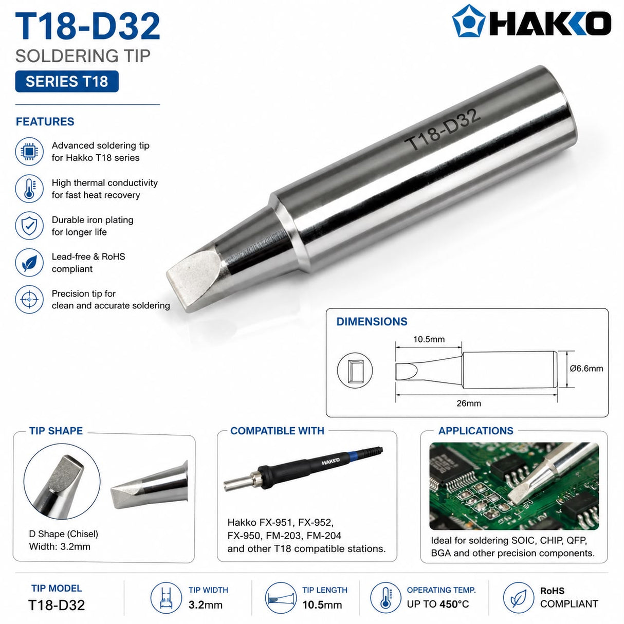 Hakko T18-D32 Chisel Shape Tip, Soldering Iron Bit