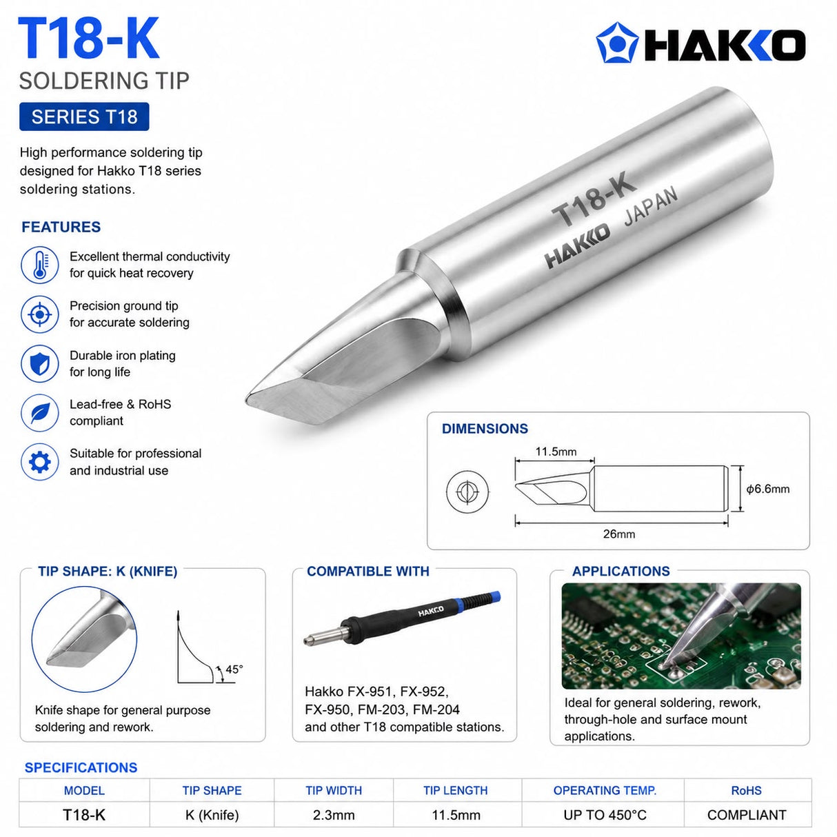 Hakko T18-K Knife Shape Tip, Soldering Iron Bit