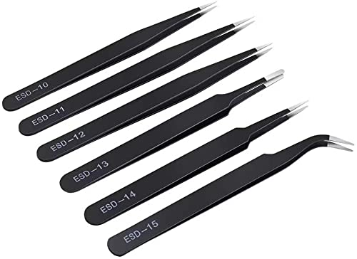 SCHOFIC [6 PCS] Precision Tweezers Set, Upgraded Anti-Static Stainless Steel Curved of Tweezers